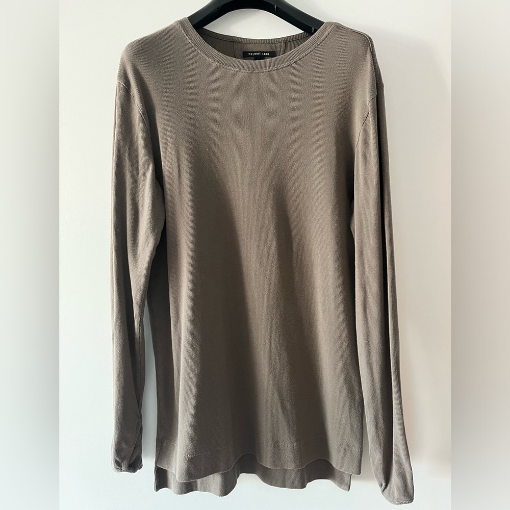 Helmut Lang Men’s Olive Long-Sleeve Extra Long Shirt (Medium).